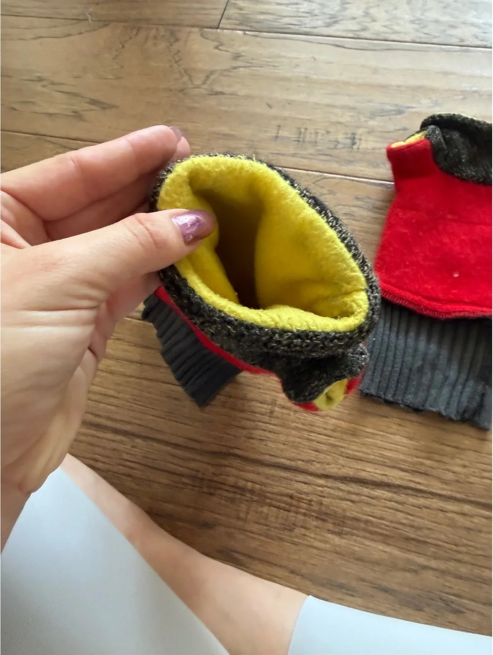 Handmade Fingerless Gloves with Thumb Opening, Multicolor Knit and Fleece Lining